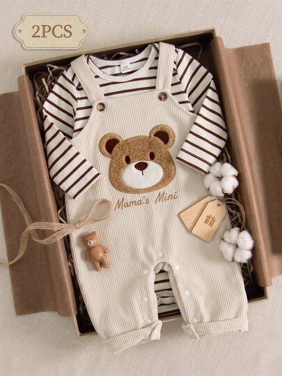 SHEIN Vintaside Kids 0-3Y Baby Toddler Autumn&Winter 2pcs Outfit White Beige Long-Sleeve Family Photoshoot City Break Jumpsuit Corduroy Overalls Fall Outfits Cute
