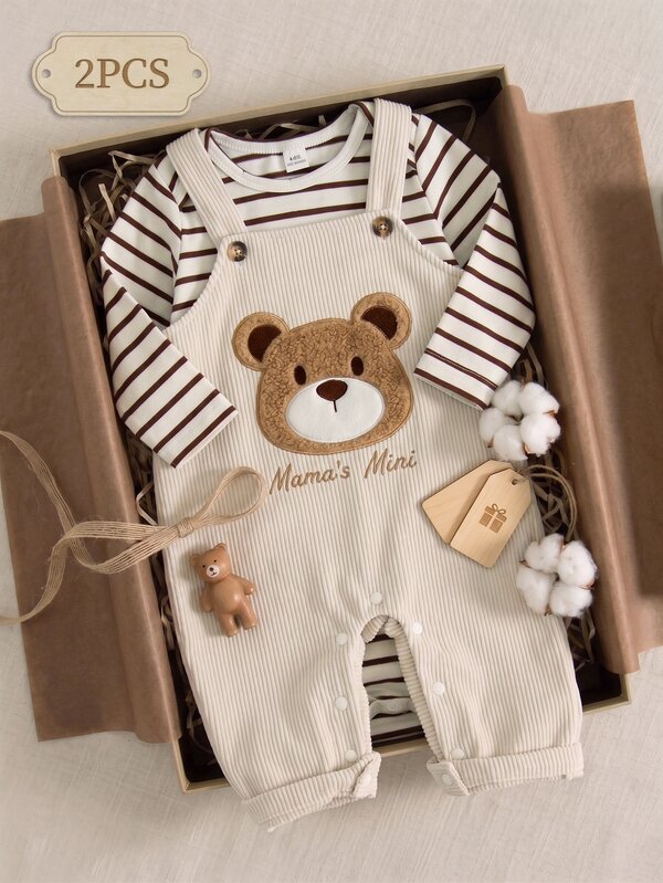 SHEIN Vintaside Kids 0-3Y Baby Toddler Autumn&Winter 2pcs Outfit White Beige Long-Sleeve Family Photoshoot City Break Jumpsuit Corduroy Overalls Fall Outfits Cute
