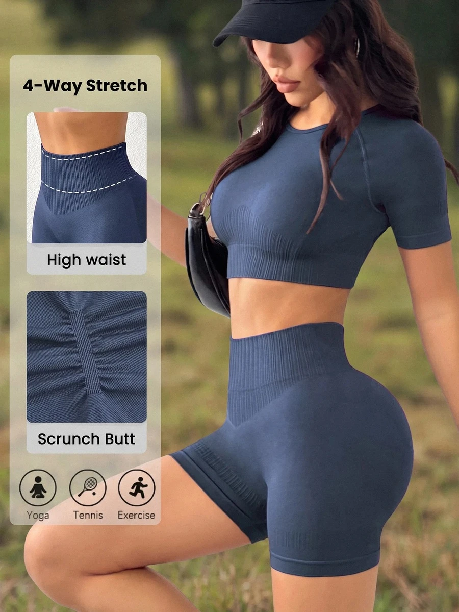 WanderVale Seamless Cropped Top And Shorts Women Sports Set