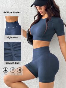 WanderVale Seamless Cropped Top And Shorts Women Sports Set - Dark Grey - View 9