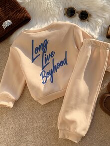 SHEIN 男女嬰兒/幼兒 2件組秋冬保暖內裡加厚休閒時尚後背標語圖案運動衫套裝，嬰兒運動服，冬季套裝，嬰兒服飾 - 杏色 - 查看 8