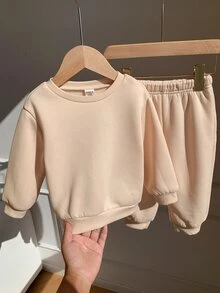 SHEIN 男女嬰兒/幼兒 2件組秋冬保暖內裡加厚休閒時尚後背標語圖案運動衫套裝，嬰兒運動服，冬季套裝，嬰兒服飾 - 杏色 - 查看 11