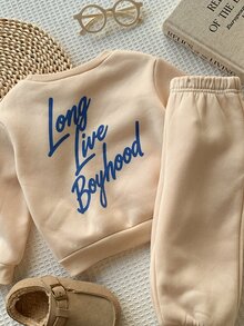 SHEIN 男女嬰兒/幼兒 2件組秋冬保暖內裡加厚休閒時尚後背標語圖案運動衫套裝，嬰兒運動服，冬季套裝，嬰兒服飾 - 杏色 - 查看 4