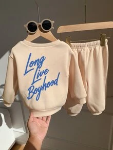 SHEIN 男女嬰兒/幼兒 2件組秋冬保暖內裡加厚休閒時尚後背標語圖案運動衫套裝，嬰兒運動服，冬季套裝，嬰兒服飾 - 杏色 - 查看 7