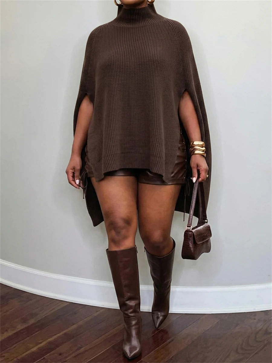 Slaydiva Plus Size Elegant Solid Color Stand Collar Cape Knit Sweater Dress, Chic Casual Fall Winter Dress For Women