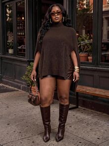 Slaydiva Plus Size Elegant Solid Color Stand Collar Cape Knit Sweater Dress, Chic Casual Fall Winter Dress For Women - Brown - View 13