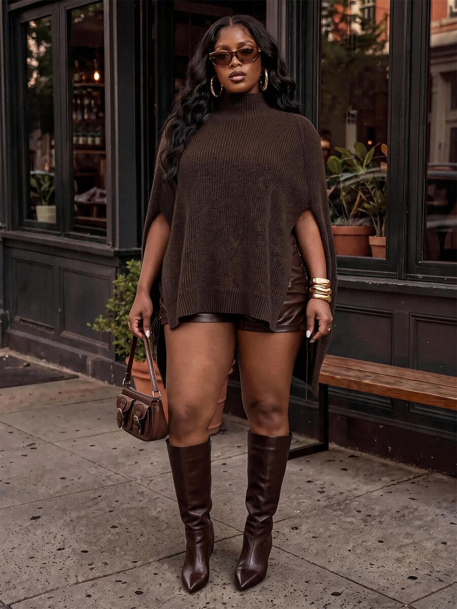 Slaydiva Plus Size Elegant Solid Color Stand Collar Cape Knit Sweater Dress, Chic Casual Autumn Dress For Women Dinner Evening Brown