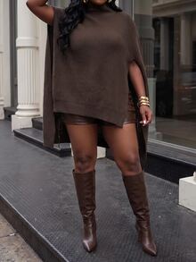 Slaydiva Plus Size Elegant Solid Color Stand Collar Cape Knit Sweater Dress, Chic Casual Fall Winter Dress For Women - Brown - View 11