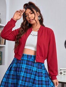SHEIN EZwear Plus Size Women's Solid Color Casual Racing Daily Long Sleeve Jacket Red Autumn Fall - Red - View 5