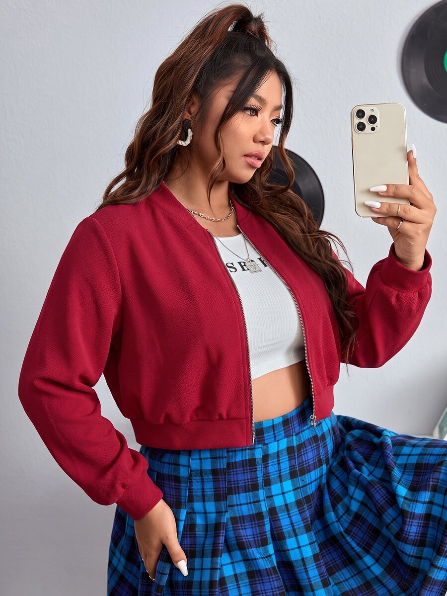 SHEIN EZwear Plus Size Women's Solid Color Casual Racing Daily Long Sleeve Jacket Red Autumn Fall - Red - View 1