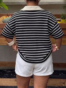 Muchica 黑白條紋大尺碼女款長袖休閒優雅寬鬆版型T恤，適合早午餐、度假、夏季穿著 - 黑與白 - 查看 2