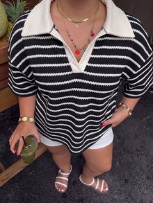 Muchica 黑白條紋大尺碼女款長袖休閒優雅寬鬆版型T恤，適合早午餐、度假、夏季穿著 - 黑與白 - 查看 4