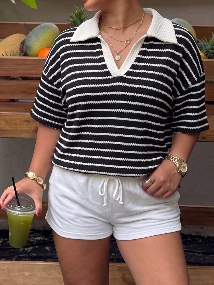 Muchica Black And White Plus Size Women's Striped Long Sleeve Casual Loose Fit T-Shirt - Black and White - View 6