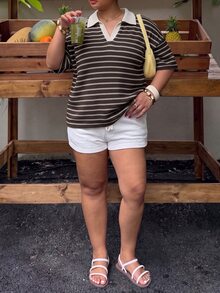 Muchica Plus Size Streetwear Striped Colorblock Short Sleeve T-Shirt For Daily Wear - Chocolate Brown - View 3