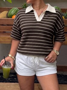 Muchica Plus Size Streetwear Striped Colorblock Short Sleeve T-Shirt For Daily Wear - Chocolate Brown - View 6