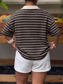 Muchica Plus Size Streetwear Striped Colorblock Short Sleeve T-Shirt For Daily Wear - Chocolate Brown - View 2
