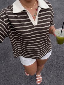 Muchica Plus Size Streetwear Striped Colorblock Short Sleeve T-Shirt For Daily Wear - Chocolate Brown - View 1