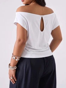 LYSMO Plus Size Summer Casual Sexy All White Off-Shoulder Tie-Front T-Shirt Going Out Date Night - White - View 2