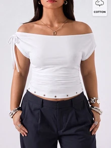 LYSMO Plus Size Summer Casual Sexy All White Off-Shoulder Tie-Front T-Shirt Going Out Date Night - White - View 1
