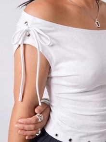 LYSMO Plus Size Summer Casual Sexy All White Off-Shoulder Tie-Front T-Shirt Going Out Date Night - White - View 4