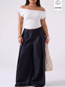 LYSMO Plus Size Summer Casual Sexy All White Off-Shoulder Tie-Front T-Shirt Going Out Date Night - White - View 6