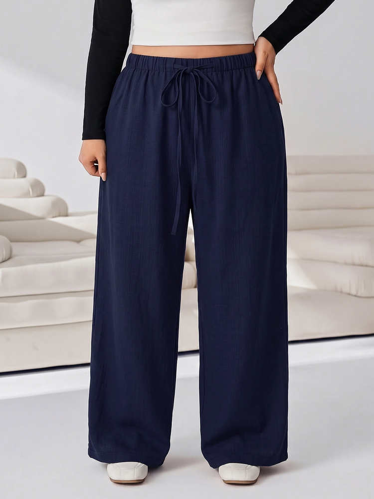 Solflare Casual Versatile Solid Color Loose Plus Size Pants Autumn Formal Home Wear Navy Blue - Navy Blue - View 5