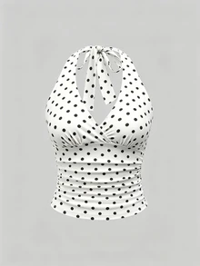 SHEIN Plus Size Women's Sexy Ruched Halter Tie Tank Top For Vacation, Date Night - Multicolor - View 4