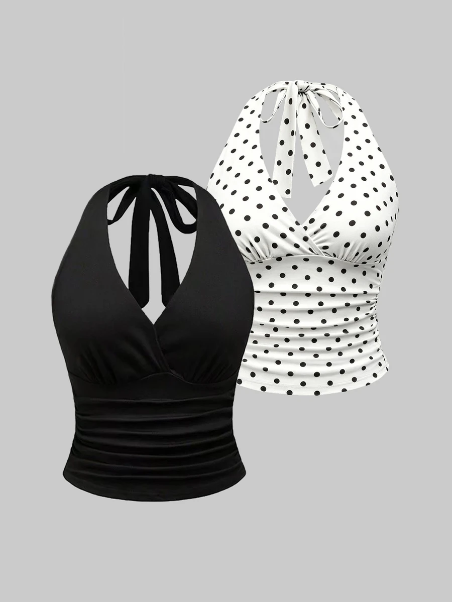 SHEIN Plus Size Women's Sexy Ruched Halter Tie Tank Top For Vacation, Date Night - Multicolor - View 1