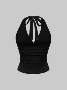 SHEIN Plus Size Women's Sexy Ruched Halter Tie Tank Top For Vacation, Date Night - Multicolor - View 2