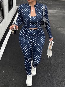 Muchica Polka Dot Print Tank Top & Leggings 2 Pieces Set For Women Plus Size Fall - Navy Blue - View 7