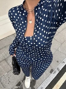 Muchica Polka Dot Print Tank Top & Leggings 2 Pieces Set For Women Plus Size Fall - Navy Blue - View 6