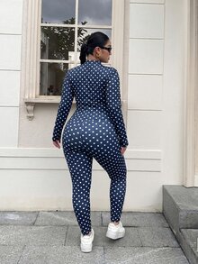 Muchica Polka Dot Print Tank Top & Leggings 2 Pieces Set For Women Plus Size Fall - Navy Blue - View 2