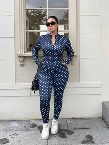 Muchica Polka Dot Print Tank Top & Leggings 2 Pieces Set For Women Plus Size Fall - Navy Blue - View 3