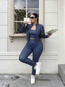 Muchica Polka Dot Print Tank Top & Leggings 2 Pieces Set For Women Plus Size Fall - Navy Blue - View 4