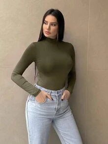 SHEIN Essnce Bodysuit Wanita Lengan Panjang Kerah Tegak Kecil Gradien Pas Badan - Hijau Tentara - View 4