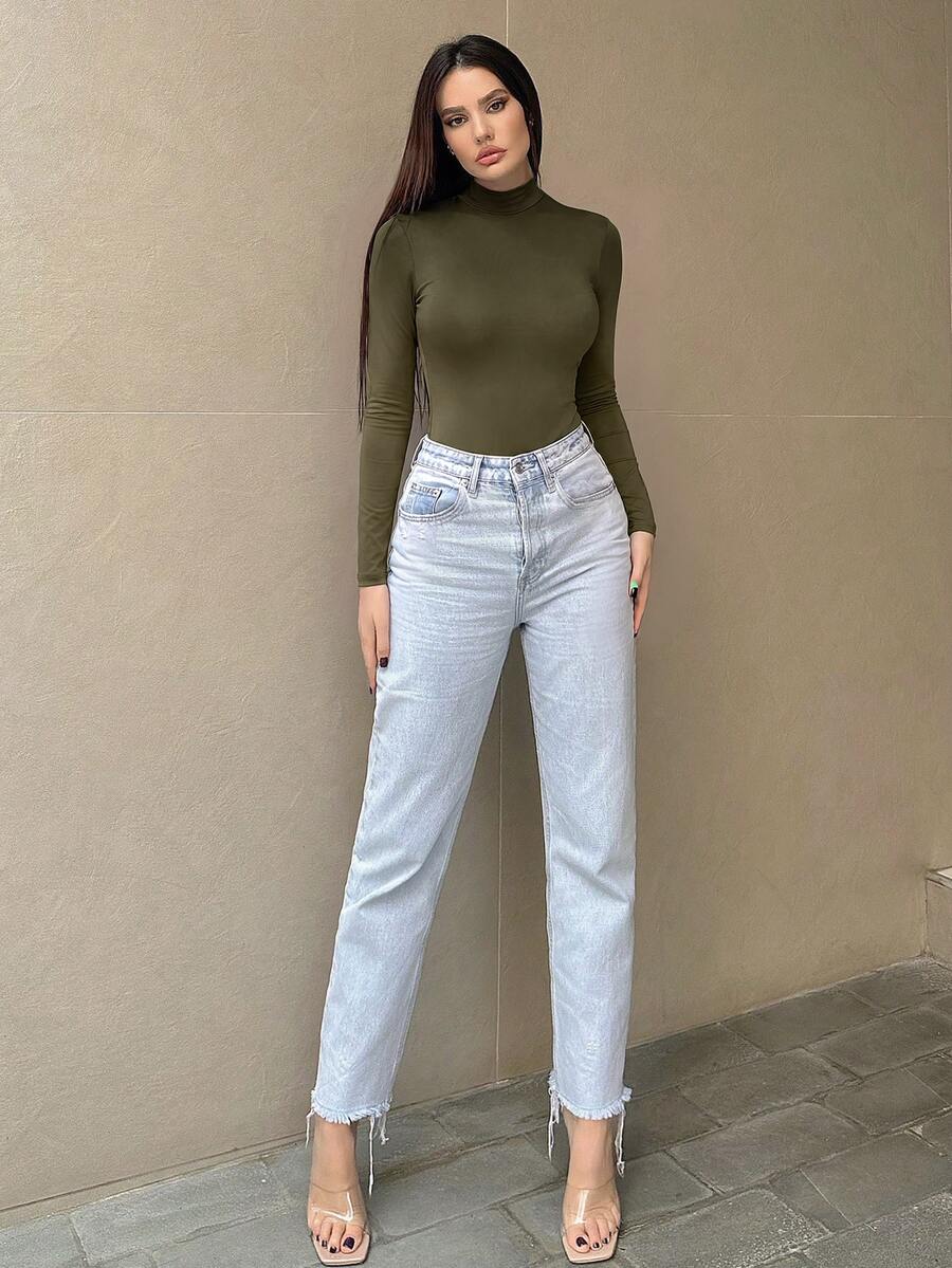 SHEIN Essnce Bodysuit Wanita Lengan Panjang Kerah Tegak Kecil Gradien Pas Badan - Hijau Tentara - View 1