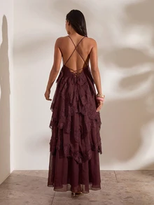 Opulessa Gaun Kasual Tenun dengan Tali Bahu Tipis untuk Wanita - Coffee Brown - View 4