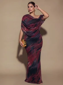 SHEIN BAE CURVE Plus Size Women's Brown Long Ruched Dress, Elegant Long Dress, Suitable For Outings, Date Dress - Multicolor - View 5