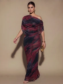 SHEIN BAE CURVE Plus Size Women's Brown Long Ruched Dress, Elegant Long Dress, Suitable For Outings, Date Dress - Multicolor - View 4