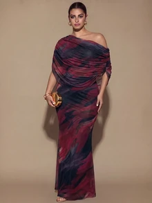 SHEIN BAE CURVE Plus Size Women's Brown Long Ruched Dress, Elegant Long Dress, Suitable For Outings, Date Dress - Multicolor - View 1