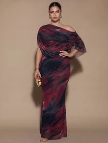 SHEIN BAE CURVE Plus Size Women's Brown Long Ruched Dress, Elegant Long Dress, Suitable For Outings, Date Dress - Multicolor - View 3