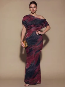 SHEIN BAE CURVE Plus Size Women's Brown Long Ruched Dress, Elegant Long Dress, Suitable For Outings, Date Dress - Multicolor - View 6