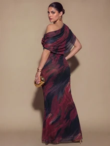 SHEIN BAE CURVE Plus Size Women's Brown Long Ruched Dress, Elegant Long Dress, Suitable For Outings, Date Dress - Multicolor - View 2