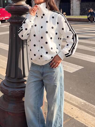 Siren Gaze Women's Polka-Dot Zip-Up Jacket With Stand Collar And Striped Sleeves – Casual, Loose-Fit Korean Style For Spring And Autumn