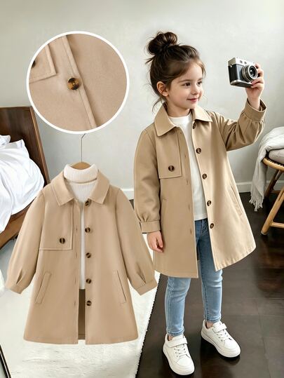 SHEIN Elladie kids Young Girl Khaki Lapel Neck Lantern Sleeve Button Up Trench Coat, Cute Academic Style Plain Longline Jacket For Autumn & Winter, New Fall Styles