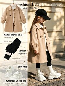 SHEIN Elladie kids Abrigo largo tipo trench para niña joven en color caqui, cuello con solapa, mangas farol y cierre de botones, estilo académico lindo, chaqueta lisa de línea larga para otoño e invierno, nuevos estilos de otoño - Caqui - Ver 1