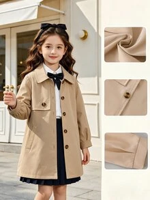 SHEIN Elladie kids Abrigo largo tipo trench para niña joven en color caqui, cuello con solapa, mangas farol y cierre de botones, estilo académico lindo, chaqueta lisa de línea larga para otoño e invierno, nuevos estilos de otoño - Caqui - Ver 6
