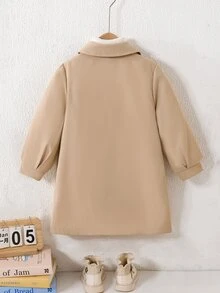 SHEIN Elladie kids Abrigo largo tipo trench para niña joven en color caqui, cuello con solapa, mangas farol y cierre de botones, estilo académico lindo, chaqueta lisa de línea larga para otoño e invierno, nuevos estilos de otoño - Caqui - Ver 2