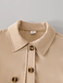 SHEIN Elladie kids Abrigo largo tipo trench para niña joven en color caqui, cuello con solapa, mangas farol y cierre de botones, estilo académico lindo, chaqueta lisa de línea larga para otoño e invierno, nuevos estilos de otoño - Caqui - Ver 8