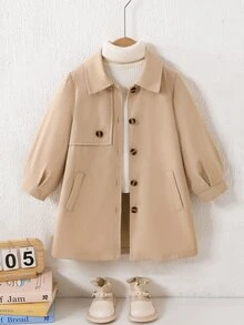 SHEIN Elladie kids Abrigo largo tipo trench para niña joven en color caqui, cuello con solapa, mangas farol y cierre de botones, estilo académico lindo, chaqueta lisa de línea larga para otoño e invierno, nuevos estilos de otoño - Caqui - Ver 7